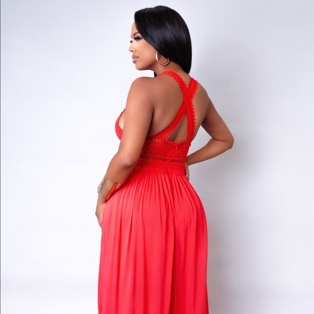 Red Maxi Dress With Crochet Detail - Picture 3 of 8